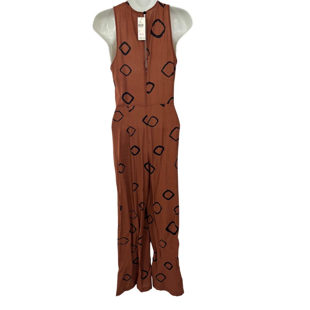New Eva Franco Jumpsuit Anthropologie Tan Brown Geometric - Picture 3 of 12